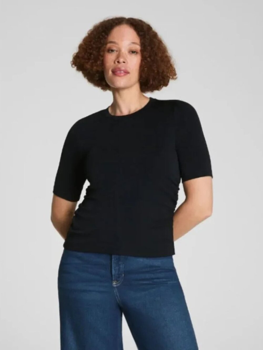 NWT SPANX Sleek "Jersey" Elbow Sleeve Ruched Top, Classic Black, Size L